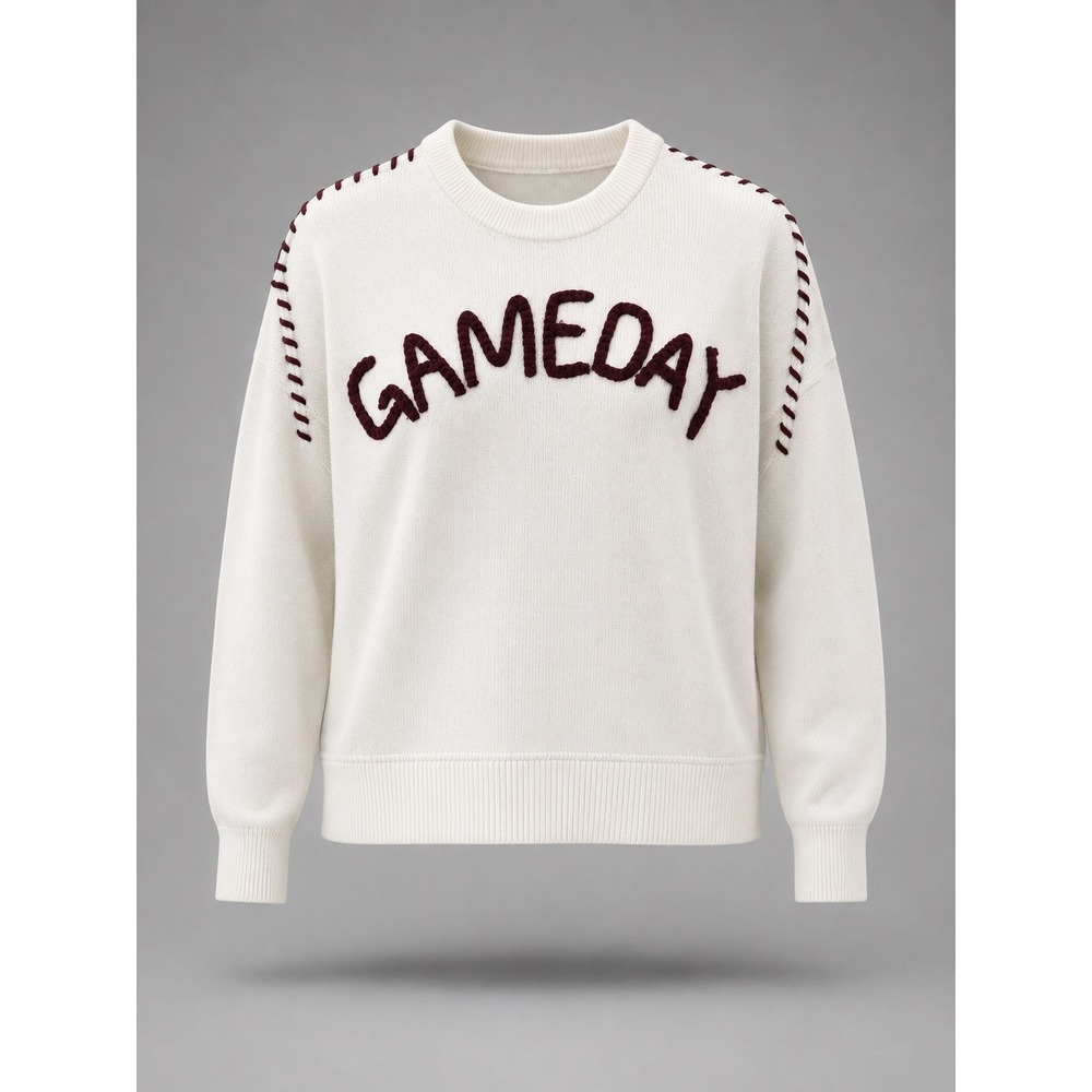 Gameday Baseball Stitch Knit Sweater White Burgundy braided letters Large